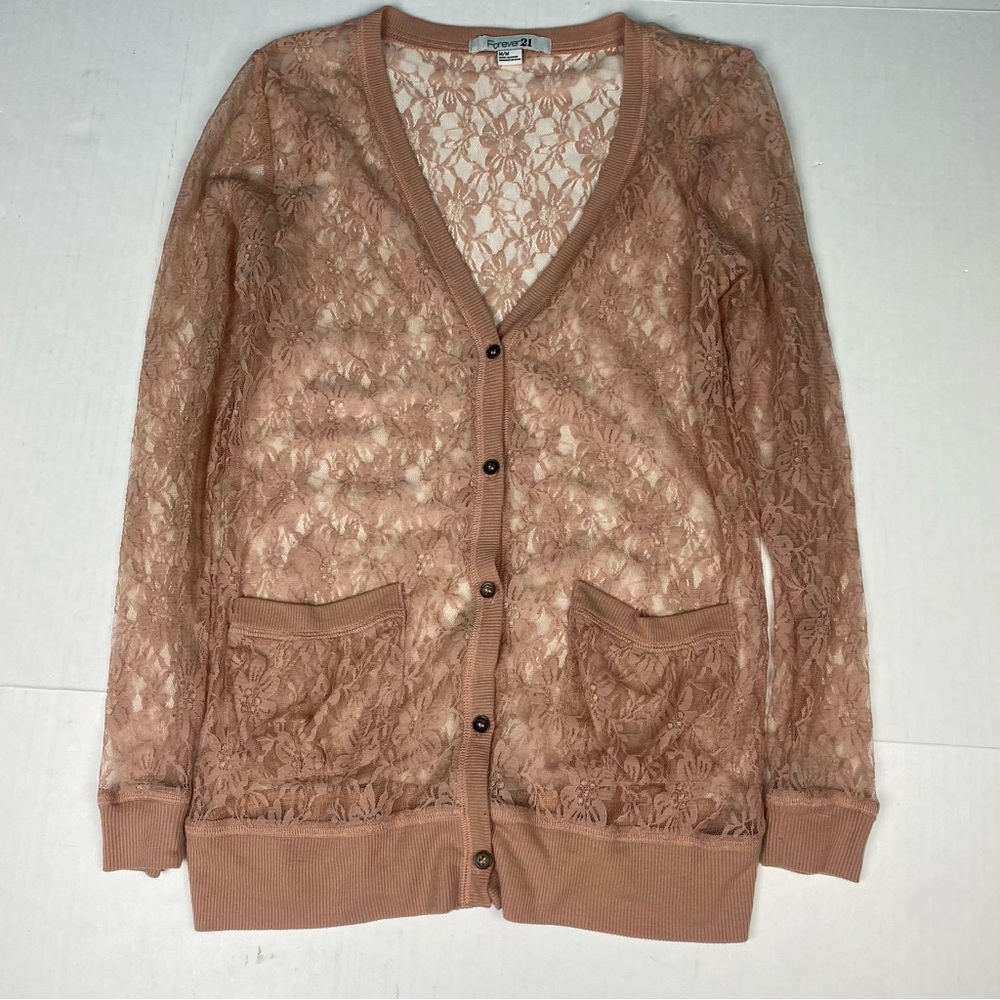 Forever21 Women’s Medium Shirt Lace Cardigan Blush Pink Button Up V-Neck Sheer